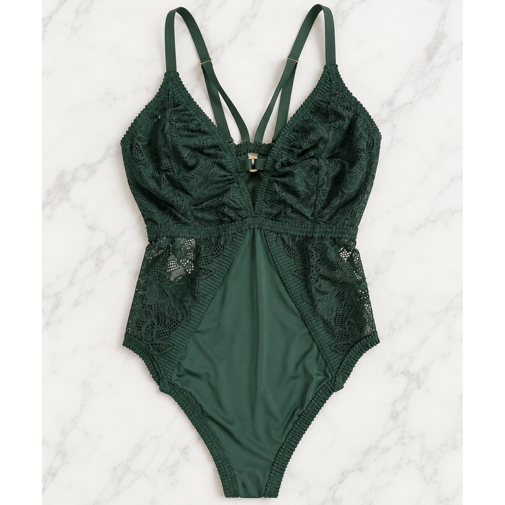 Aerie Green Lace Strappy Bodysuit Forest Green V-Neck XXL 2692-3441